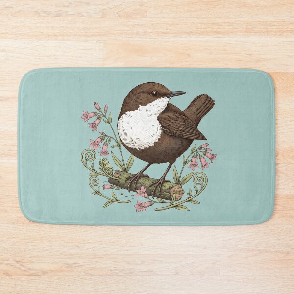 Item preview, White-throated Dipper Bird among Pink Wildflowers and Ferns designed and sold by BirdsnStuff.
