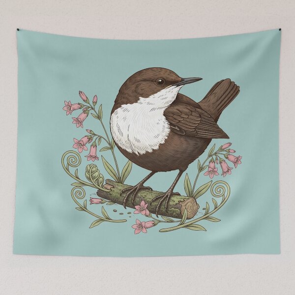 Item preview, White-throated Dipper Bird among Pink Wildflowers and Ferns designed and sold by BirdsnStuff.