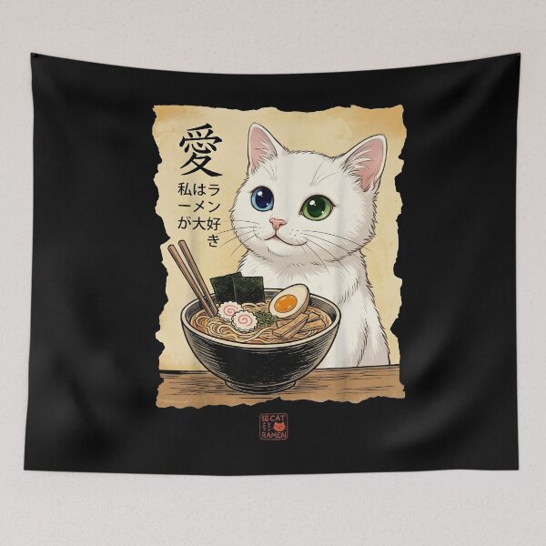 Item preview, Cute Anime Cat Ramen Lover – Kawaii Japanese Food Art with Heterochromia Eyes designed and sold by Soulprint Art.