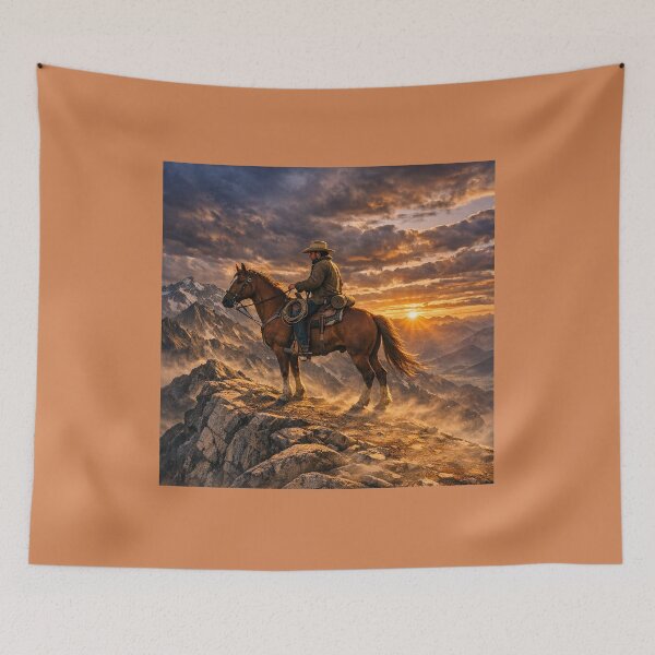 Item preview, Cowboy Overlooking Mountain Landscape at Sunrise. designed and sold by CarolM.