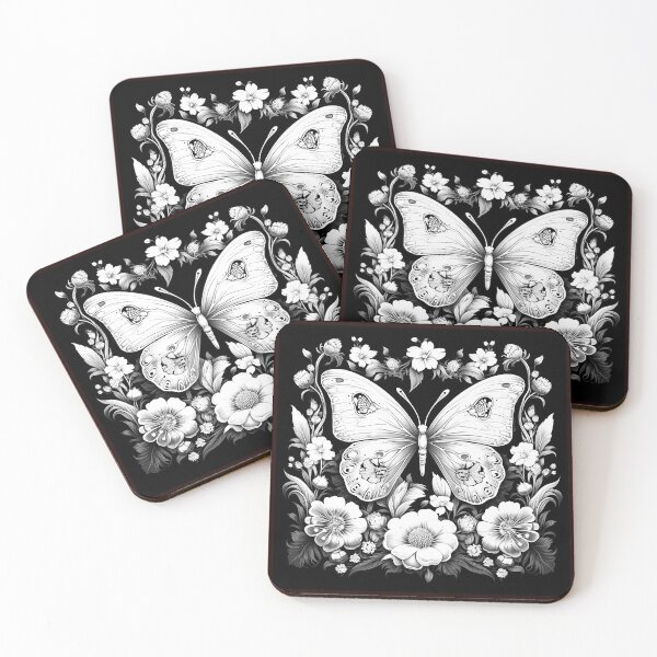 Item preview, Floral Butterfly Black and White Botanical Illustration designed and sold by inkoutninja.
