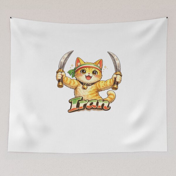 Item preview, Make Iran Great Again Kawaii Cat Art – Funny Muscular Yellow Cat with Swords, Cute Meme Cartoon Illustration designed and sold by Paws-nd-Prints.