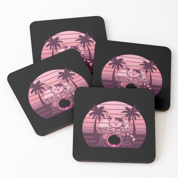 Item preview, Kawaii Drummer Cat Sunset – Retro Synthwave Aesthetic with Palm Trees designed and sold by Soulprint Art.