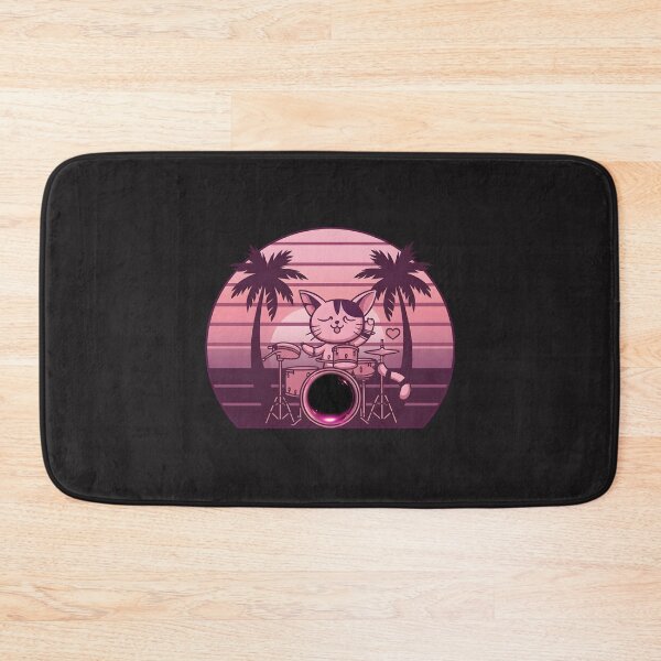 Item preview, Kawaii Drummer Cat Sunset – Retro Synthwave Aesthetic with Palm Trees designed and sold by Soulprint Art.