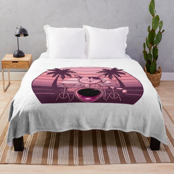 Item preview, Kawaii Drummer Cat Sunset – Retro Synthwave Aesthetic with Palm Trees designed and sold by Soulprint Art.