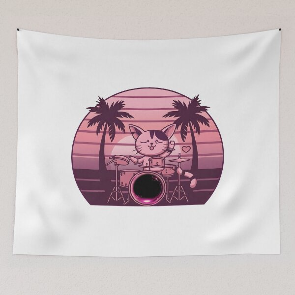 Item preview, Kawaii Drummer Cat Sunset – Retro Synthwave Aesthetic with Palm Trees designed and sold by Soulprint Art.