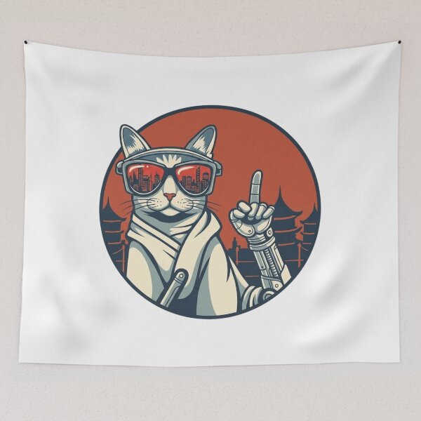Item preview, Cyberpunk Samurai Cat with Robot Arm – Futuristic Tokyo Neon Aesthetic designed and sold by Soulprint Art.