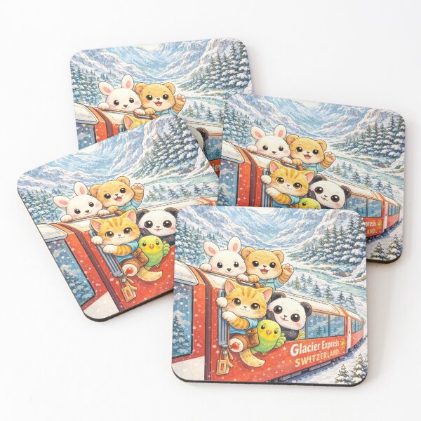 Item preview, Glacier Express Kawaii Animal Art – Cute Animals Riding Train in Snowy Switzerland Mountains designed and sold by Paws-nd-Prints.