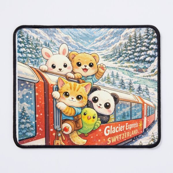 Item preview, Glacier Express Kawaii Animal Art – Cute Animals Riding Train in Snowy Switzerland Mountains designed and sold by Paws-nd-Prints.