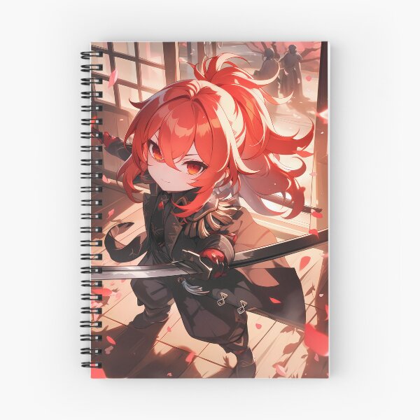 Artikelvorschau, Diluc, Genshin Impact Chibi-Samurai mit dramatischem Licht und roten Haaren entworfen und verkauft von TanglenRabbit.