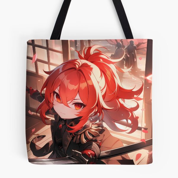 Artikelvorschau, Diluc, Genshin Impact Chibi-Samurai mit dramatischem Licht und roten Haaren entworfen und verkauft von TanglenRabbit.