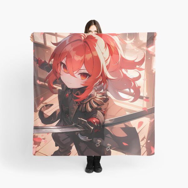 Artikelvorschau, Diluc, Genshin Impact Chibi-Samurai mit dramatischem Licht und roten Haaren entworfen und verkauft von TanglenRabbit.