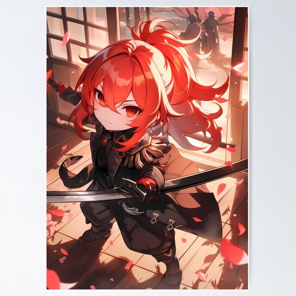 Item preview, Diluc Genshin Impact Chibi Samurai With Dramatic Light And Red Hair designed and sold by TanglenRabbit.