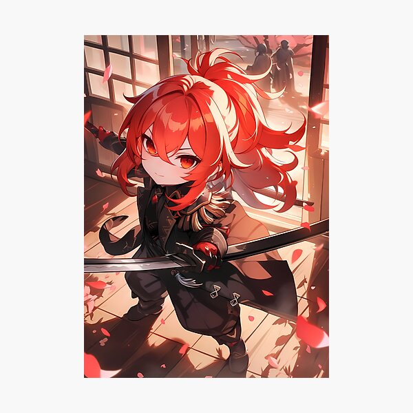 Item preview, Diluc Genshin Impact Chibi Samurai With Dramatic Light And Red Hair designed and sold by TanglenRabbit.