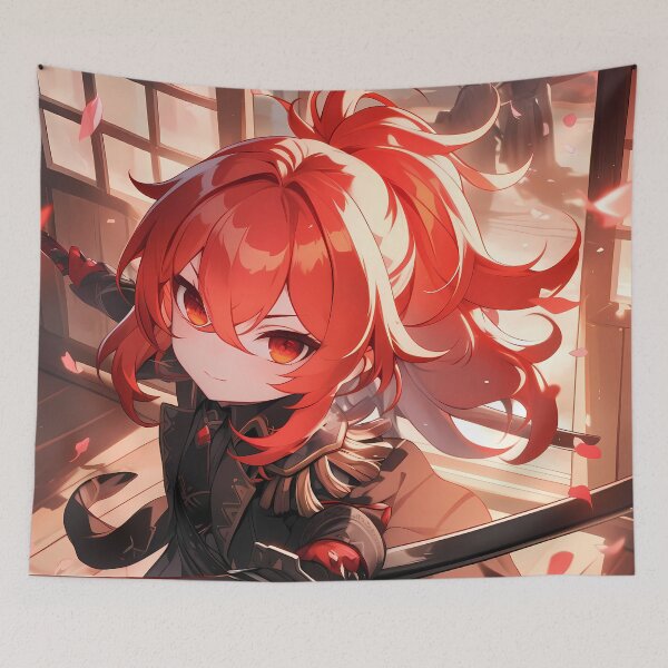 Item preview, Diluc Genshin Impact Chibi Samurai With Dramatic Light And Red Hair designed and sold by TanglenRabbit.