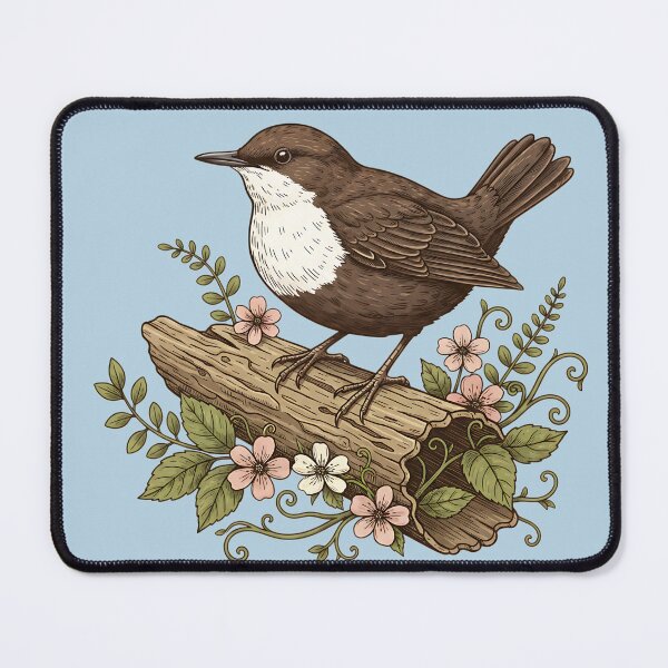 Item preview, White-throated Dipper Bird among Pink Spring Flowers designed and sold by BirdsnStuff.
