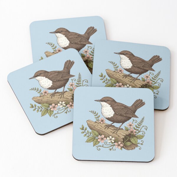 Item preview, White-throated Dipper Bird among Pink Spring Flowers designed and sold by BirdsnStuff.