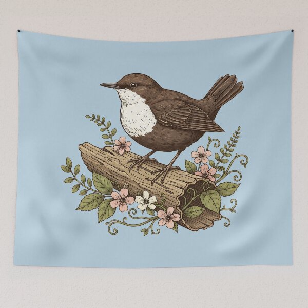 Item preview, White-throated Dipper Bird among Pink Spring Flowers designed and sold by BirdsnStuff.