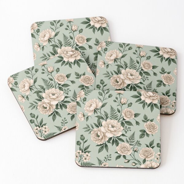 Item preview, Sage Green Background Floral Pattern – Ivory & Cream Roses with Forest Green Leaves | Vintage Botanical Aesthetic designed and sold by Soulprint Art.