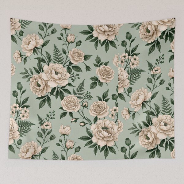 Item preview, Sage Green Background Floral Pattern – Ivory & Cream Roses with Forest Green Leaves | Vintage Botanical Aesthetic designed and sold by Soulprint Art.