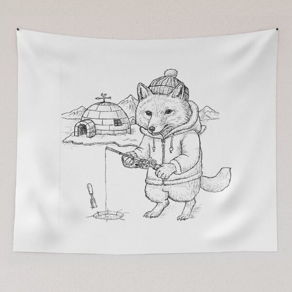 Item preview, Arctic Fox Ice Fishing Pen and Ink Illustration designed and sold by wbhny.