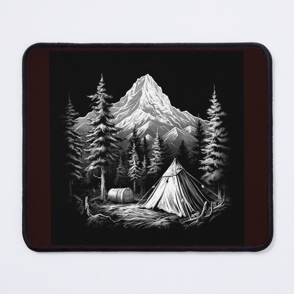 Item preview, Mountain Camping Scene Black and White Wilderness Illustration designed and sold by inkoutninja.