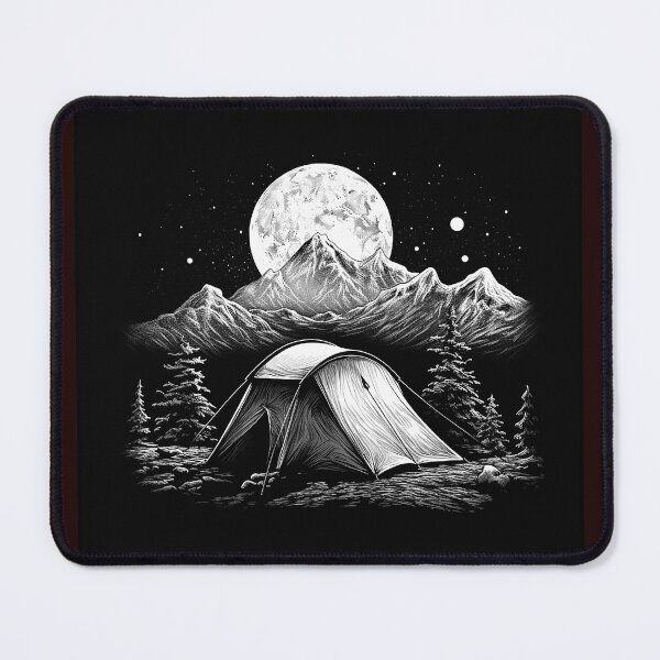 Item preview, Moonlit Mountain Camping Black and White Wilderness Illustration designed and sold by inkoutninja.