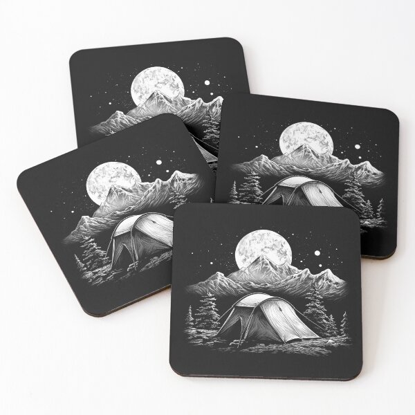 Item preview, Moonlit Mountain Camping Black and White Wilderness Illustration designed and sold by inkoutninja.