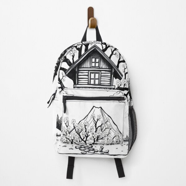 Item preview, Treehouse Cabin Line Art T-Shirt & Sticker - Cottagecore Aesthetic Cozy Cabin in Bloom, Mountain Forest Landscape, Minimal Black and White Nature Drawing Gift designed and sold by ArtByTripti.