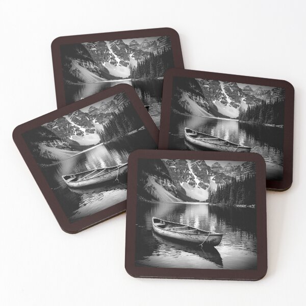 Item preview, Canoe on Mountain Lake Black and White Wilderness Illustration designed and sold by inkoutninja.