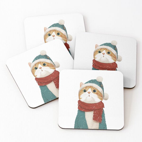 Item preview, Cute cat in winter hat and red scarf with snowflakes on dark background illustration cozy holiday mood designed and sold by khemjiraphoto.