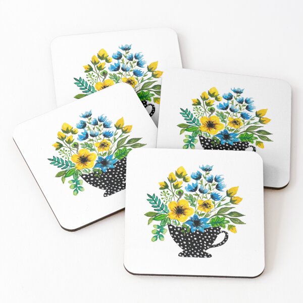 Item preview, Hand-Painted Yellow & Blue Floral Tea Cup Sticker | Watercolor Flower Bouquet Art designed and sold by Little Bloom Studio.