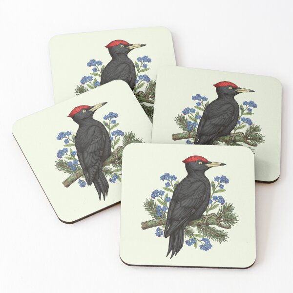 Item preview, Black Woodpecker Bird with Blue Forget Me Nots designed and sold by BirdsnStuff.
