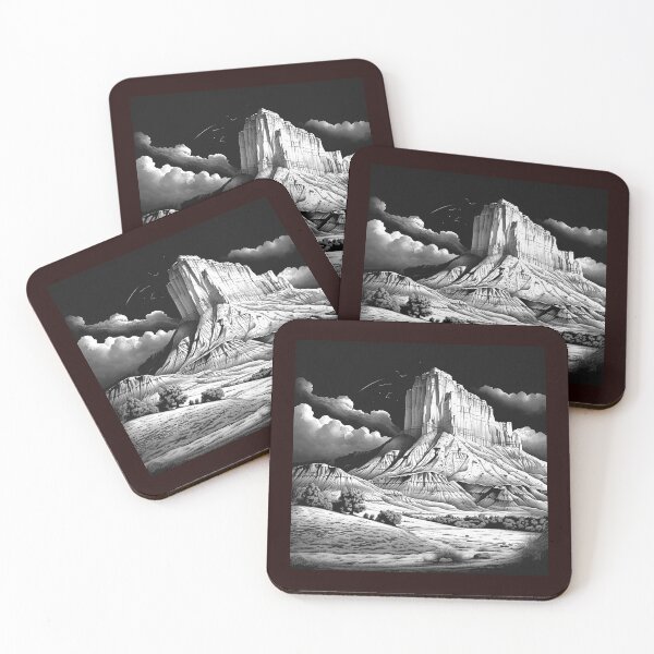 Item preview, Desert Mesa Landscape Black and White Monumental Rock Illustration designed and sold by inkoutninja.