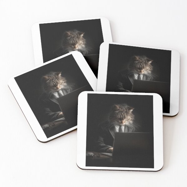 Item preview, A cat wearing a suit works at a computer in dim light. designed and sold by khemjiraphoto.