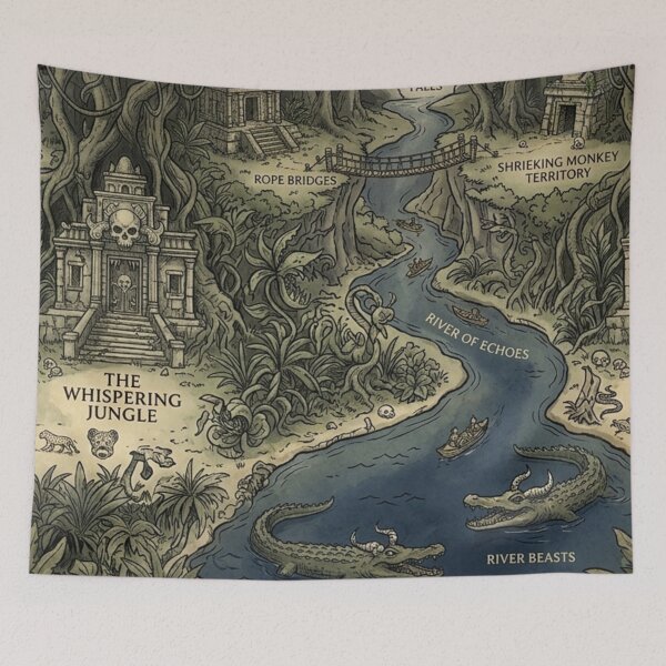 Item preview, The Whispering Jungle - Vintage Tropical Fantasy Map Pattern designed and sold by InnerwayStudio.