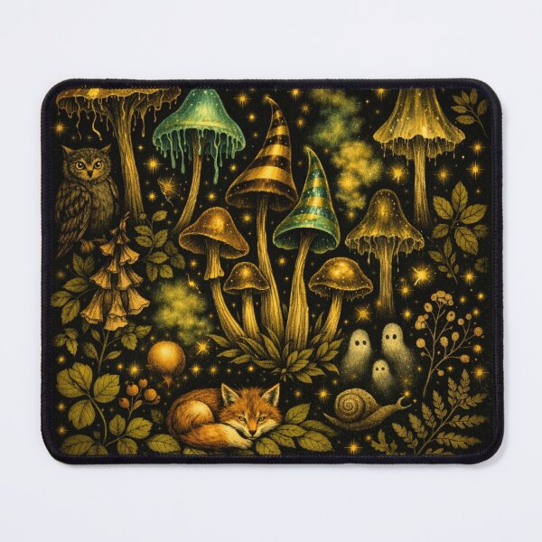 Item preview, Celestial Forest Night - Golden Mushrooms, Owl and Fox Whimsigoth Pattern designed and sold by myforestfog.