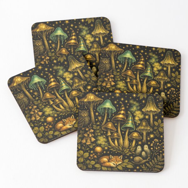 Item preview, Celestial Forest Night - Golden Mushrooms, Owl and Fox Whimsigoth Pattern designed and sold by myforestfog.