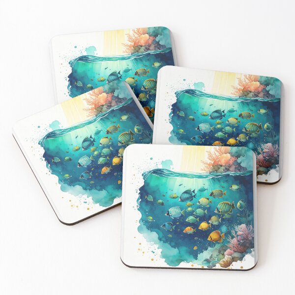 Item preview, Watercolor tropical fish school underwater ocean sunlight coral reef art designed and sold by icemanphotos.