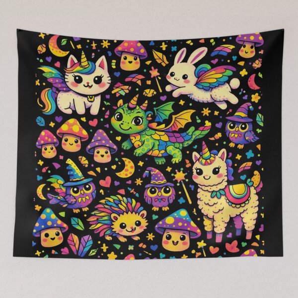 Item preview, Rainbow Magical Friends - Cute Kawaii Animals and Mushrooms Seamless Pattern designed and sold by myforestfog.