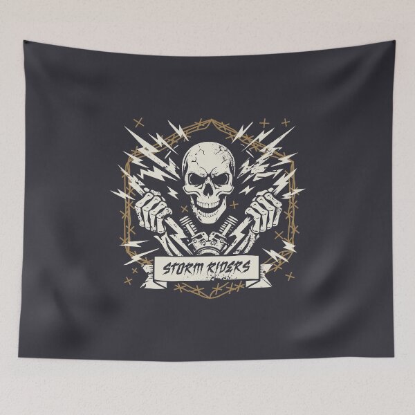 Item preview, Storm Riders Skull – Vintage Biker Skeleton with Lightning designed and sold by DarkDrips.