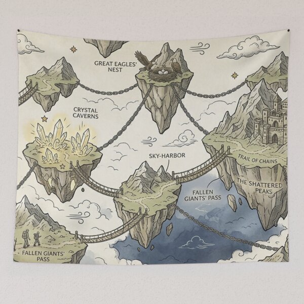 Item preview, The Shattered Peaks - Vintage Floating Islands Fantasy Map Pattern designed and sold by InnerwayStudio.