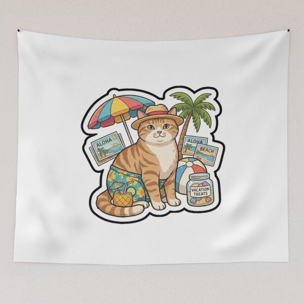 Item preview, Cute Ginger Cat on Tropical Beach Vacation Sticker designed and sold by Purely Art Shop.