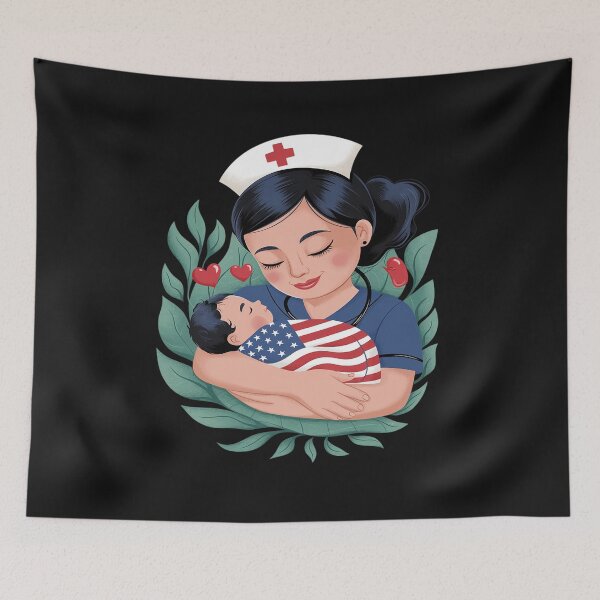 Item preview, Caring nurse Hugging newborn baby Mother's day USA Flag designed and sold by Thamngan.