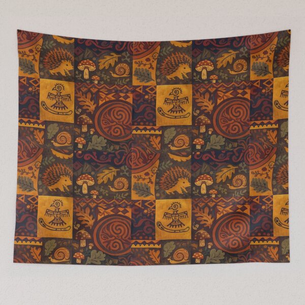 Item preview, Autumn Ethno Patchwork - Rustic Hedgehog and Woodland Folk Art designed and sold by myforestfog.