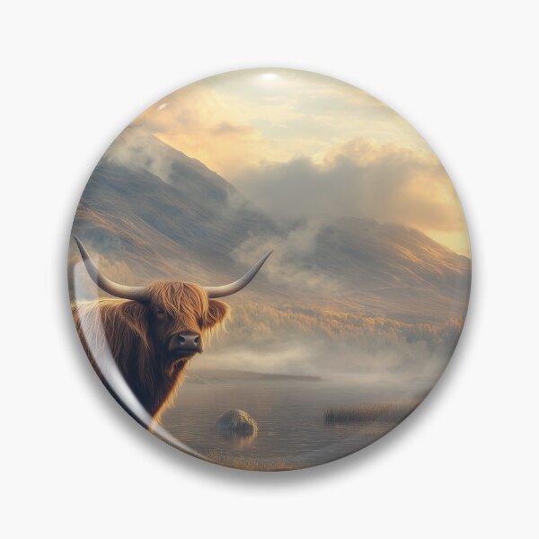 Item preview, Highland Cow Cinematic Photo in Scottish Landscape with Mountain and Lake at Sunset for Nature Travel and Wildlife Design designed and sold by Jubjangm3.