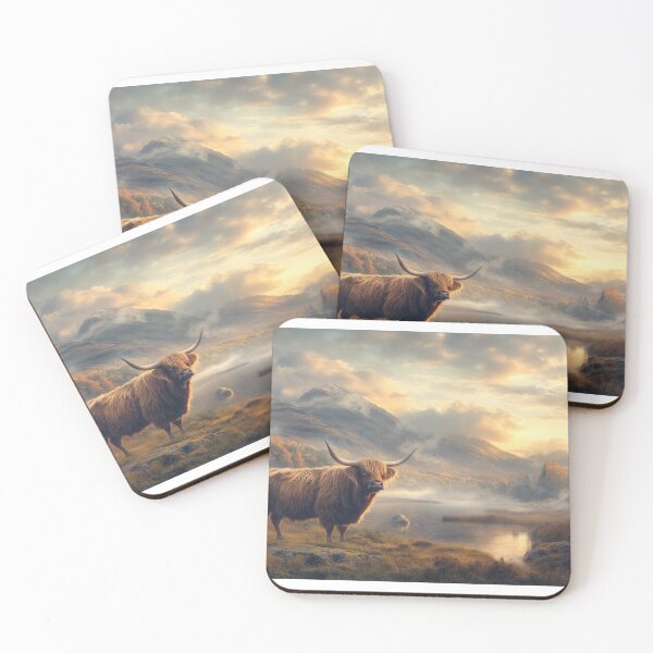 Item preview, Highland Cow Cinematic Photo in Scottish Landscape with Mountain and Lake at Sunset for Nature Travel and Wildlife Design designed and sold by Jubjangm3.