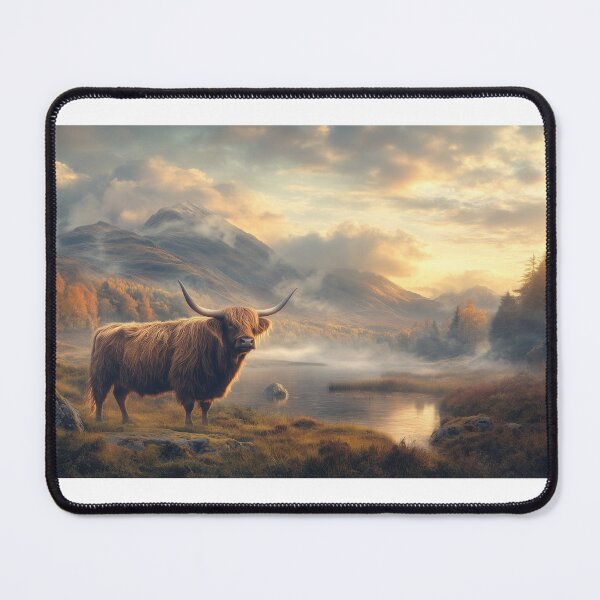 Item preview, Highland Cow Cinematic Photo in Scottish Landscape with Mountain and Lake at Sunset for Nature Travel and Wildlife Design designed and sold by Jubjangm3.