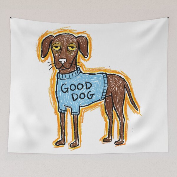 Item preview, Funny Tired Brown Dog in Blue Sweater - Crayon Style Illustration designed and sold by seven things shop.
