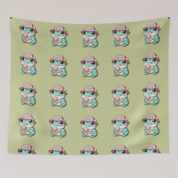 Item preview, Cute Kawaii Frog in Sun Hat Eating Ice Cream — Summer Aesthetic designed and sold by Golden_Pixel_Paper.